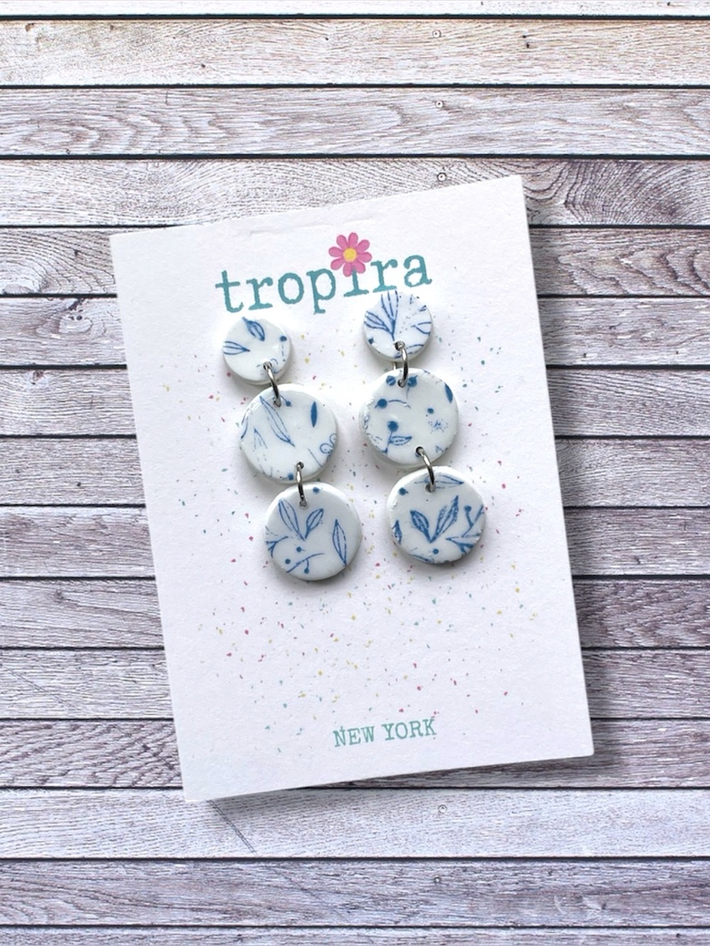 Blue Floral Dangle Polymer Clay Earrings
